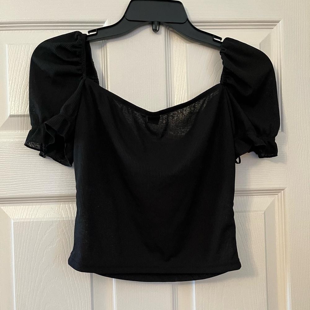 Black Puff Sleeve Junior Girls Top - Picture 2 of 4